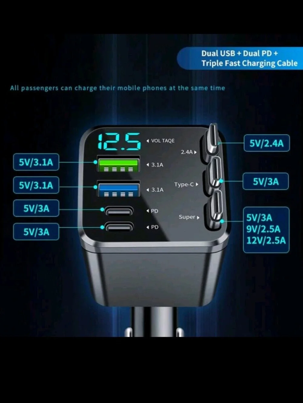 7in 1 Universal Black Car Charger with Multiple USB Ports and Digital Display